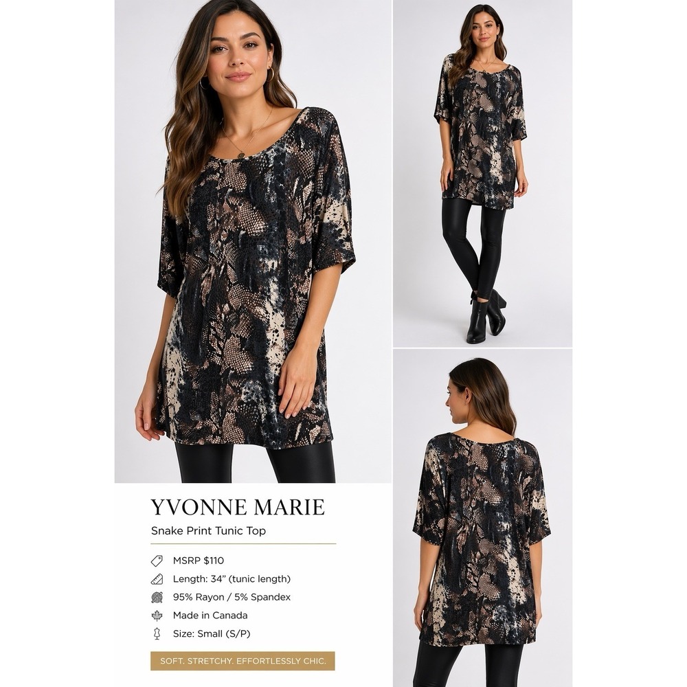 Yvonne‎ Marie Snake Print Tunic Top Small Brown Black Stretch Mini Dress Length